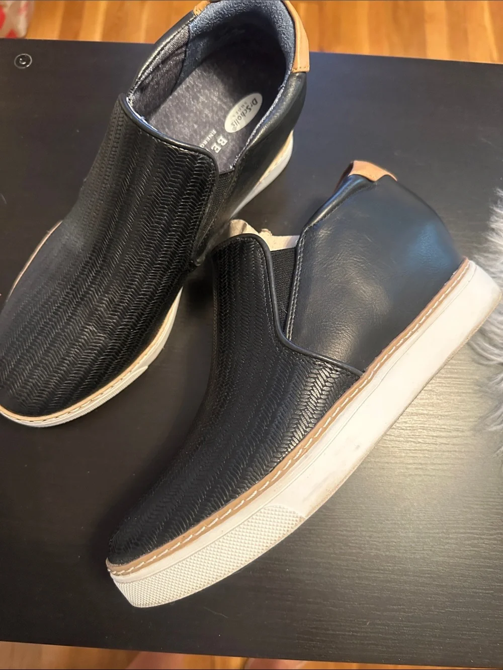 Dr. Scholl's Black Slip-On Wedges with Tan Accent